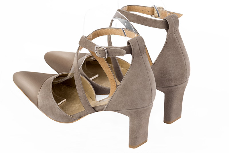 Tan beige women's open side shoes, with crossed straps. Tapered toe. Medium comma heels. Rear view - Florence KOOIJMAN